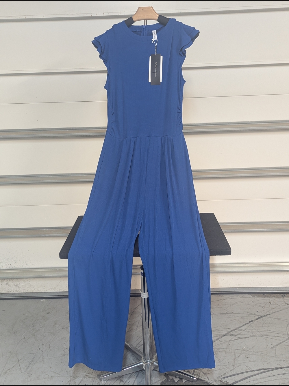 Blue Wide-Leg Jumpsuit with Ruffle Sleeves
